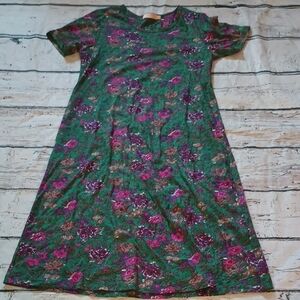 La Cera Green Purple Floral Print Cotton Aline Midi Dress S